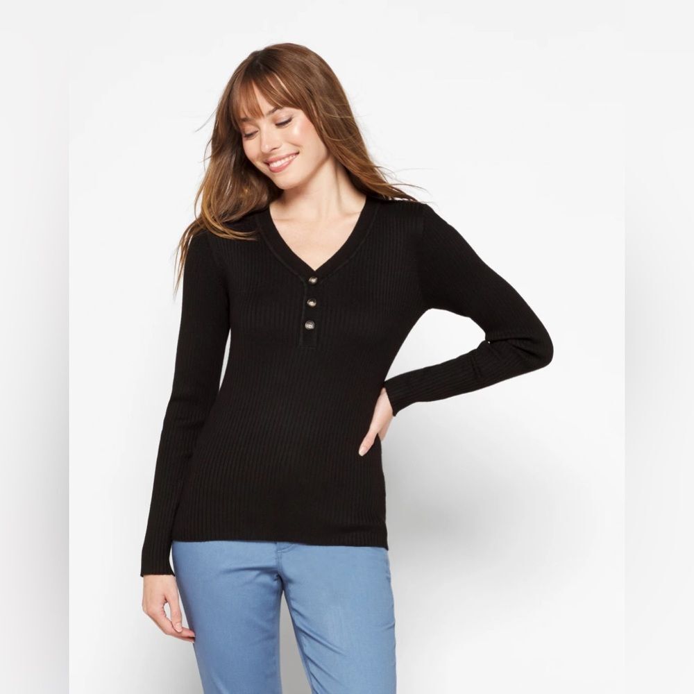 LETY & ME Aiyla Ribbed Henley Button Detail Sweater stitch fix black XL NWT